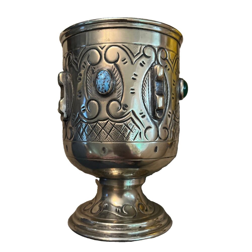 Vintage Alpaca Goblet Chalice Silver Blue Cabochon Stones Engraved Floral Design